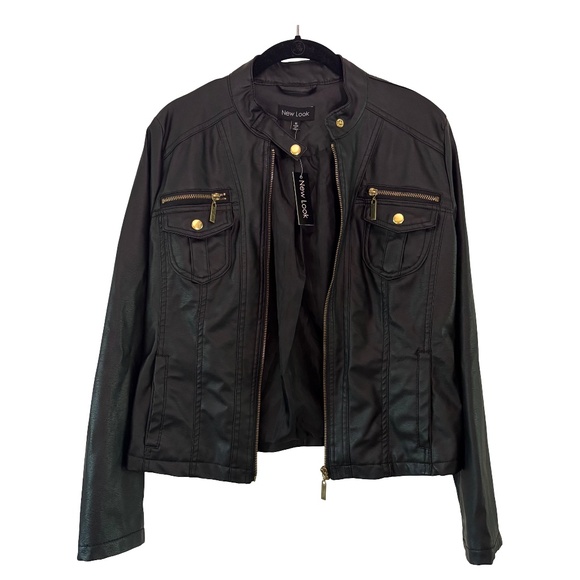 New Look Women's Black and Gold Faux Leather Moto Jacket, Medium / NWT - Picture 1 of 3